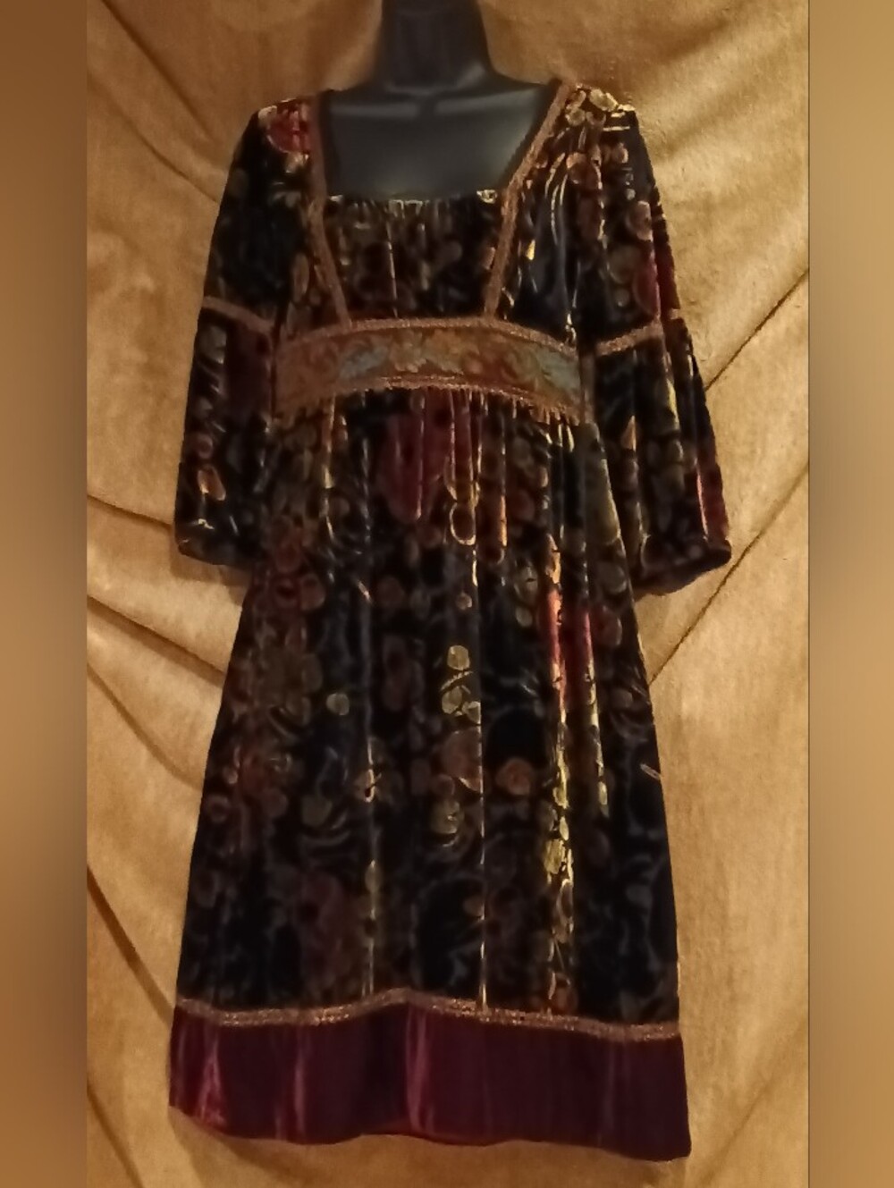 Cynthia Rowley Burnout Velvet Floral Empire-Waist Dress in Black and Burgundy